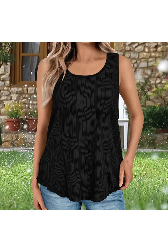Womens Summer Casual Fashion Wave Pattern Round Neck Sleeveless Tank Top,Black,Size XL