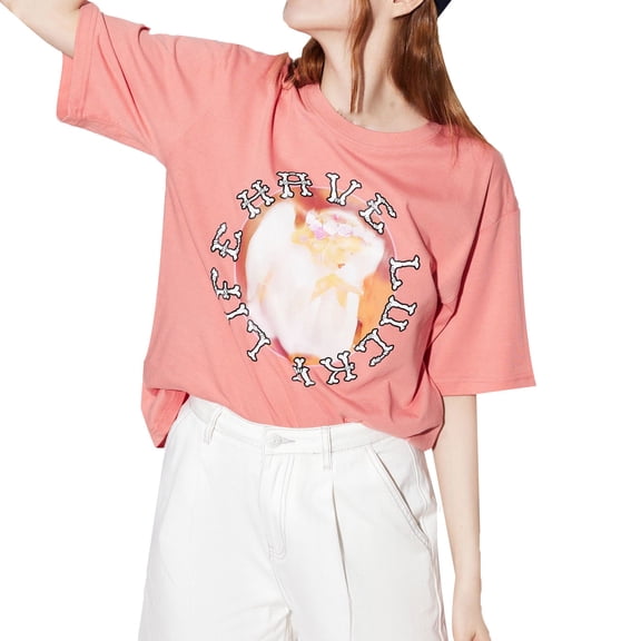 Guzom Womens Summer Casual Loose Print Short-sleeved Round Neck T-Shirt for Versatile Wear,Pink,Size M
