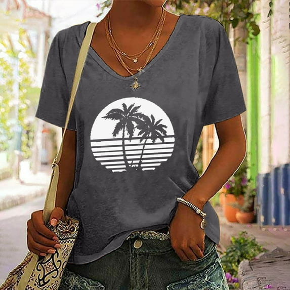 Zunfeo Junior Shirts for Women Short Sleeve Summer Tops Casual V Neck Pullover Beach Blouse T Shirts Dark Gray 3XL