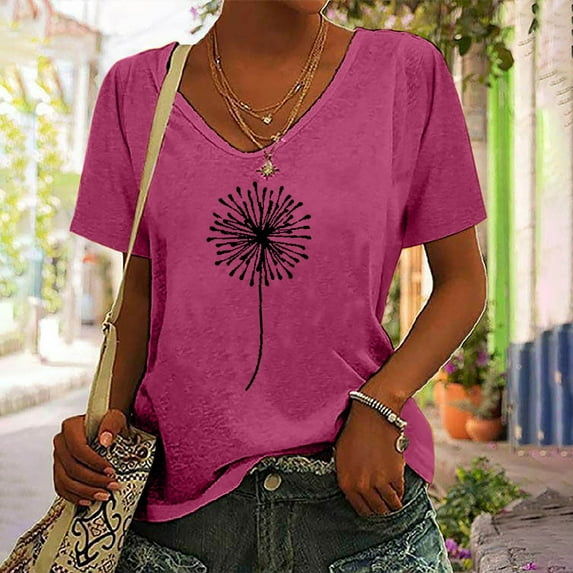 ZunFeo Womens Summer Tops Comfy V Neck Slim Short Sleeve Casual Junior Tops Printed Tee Shirts Hot Pink L