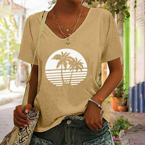 Zunfeo Junior Shirts for Women Short Sleeve Summer Tops Casual V Neck Pullover Beach Blouse T Shirts Yellow M