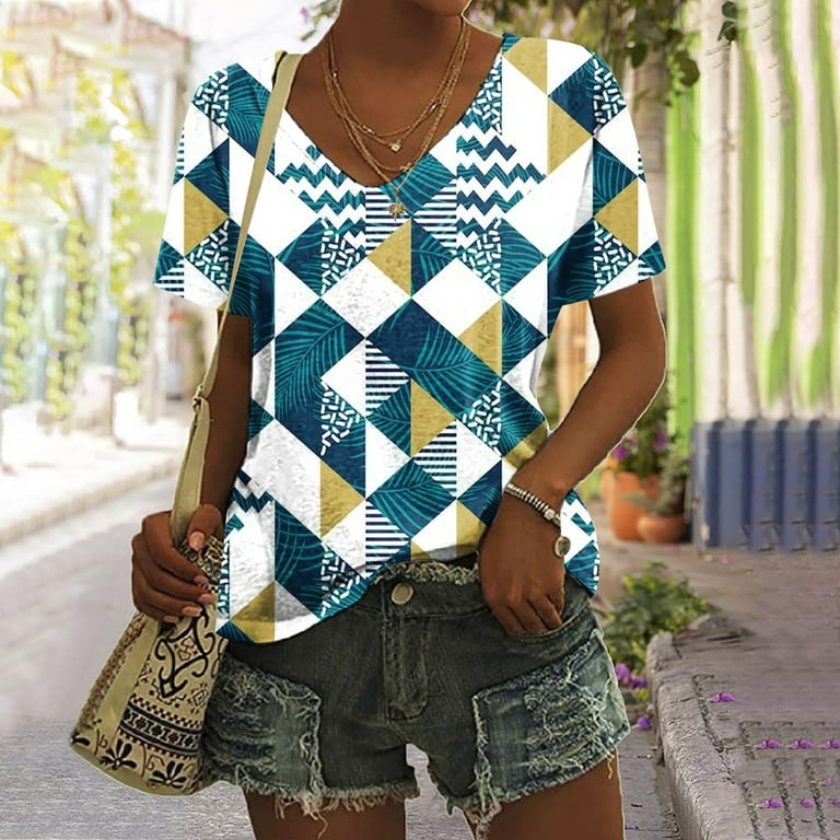 Guzom Womens Summer Tops- V Neck Short Sleeve Printed Bohemia Tops Vintage  Comfy Tops Tee Shirts Army Green XXL