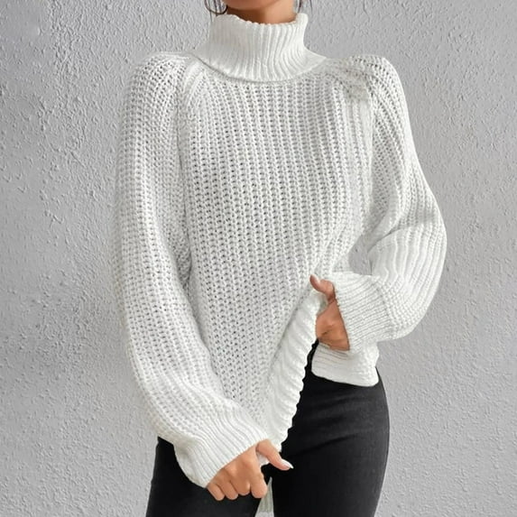 Guzom Womens Sweaters- Knitted Fashion Long Sleeve Pullover Turtleneck Fall Clothes White Size 2XL