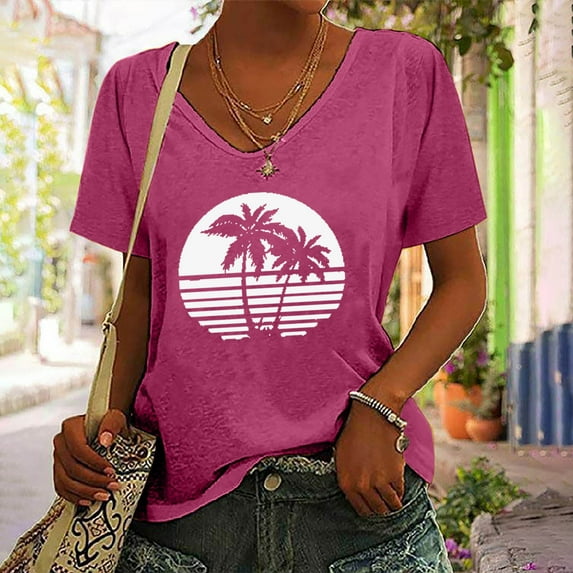 Zunfeo Junior Shirts for Women Short Sleeve Summer Tops Casual V Neck Pullover Beach Blouse T Shirts Hot Pink 3XL