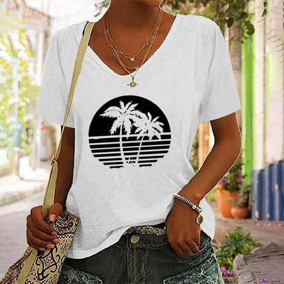 Zunfeo Junior Shirts for Women Short Sleeve Summer Tops Casual V Neck Pullover Beach Blouse T Shirts White M