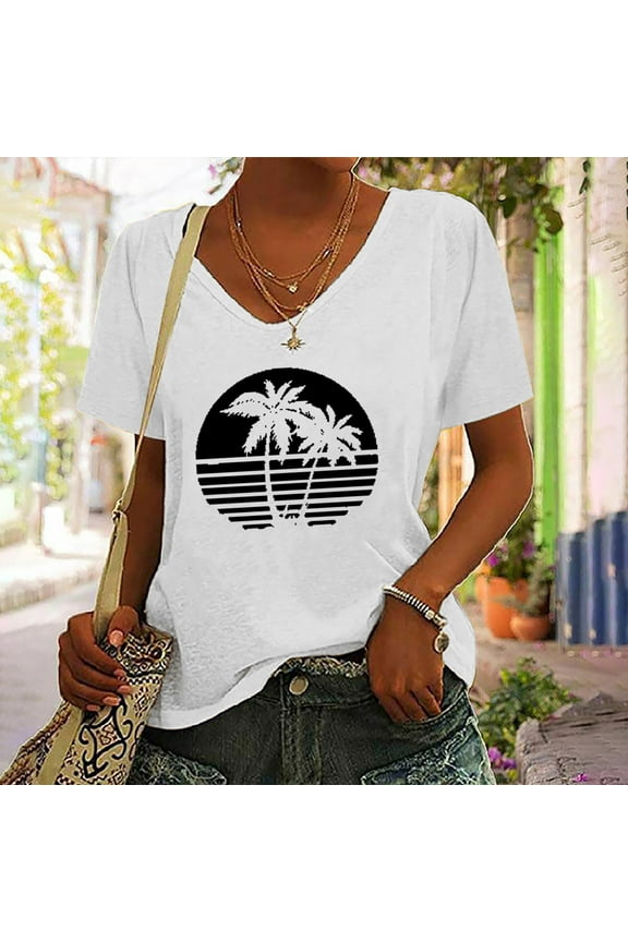 Junior Shirts for Women Short Sleeve Summer Tops Casual V Neck Pullover Beach Blouse T Shirts White M