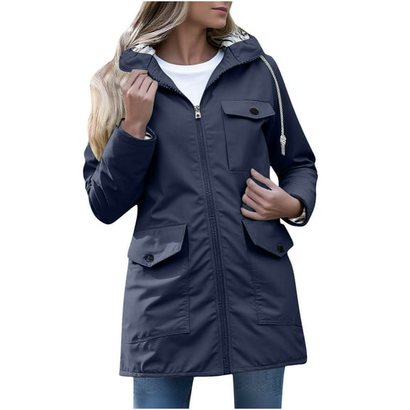 Guzom Womens Water-Resistant Nylon Jacket, Mid-Length with Adjustable Hood & Front Pockets, Dark Blue, Inclusive Sizes S-XXXL for Daily Errands & Mild Outdoors,Size 3XL