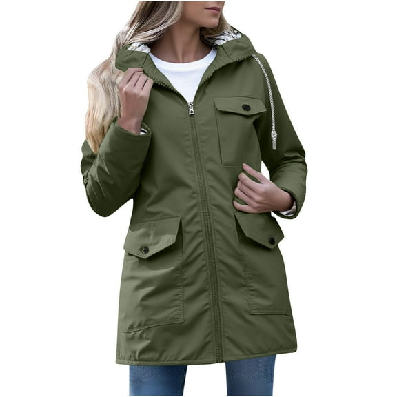 Guzom Womens Water-Resistant Nylon Jacket, Mid-Length with Adjustable Hood, Army Green, S-XXXL,Size XL