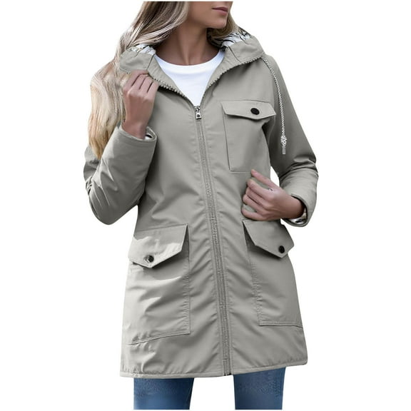 Guzom Womens Water-Resistant Nylon Jacket, Mid-Length with Adjustable Hood, Gray, Inclusive Sizes S-XXXL,Size L