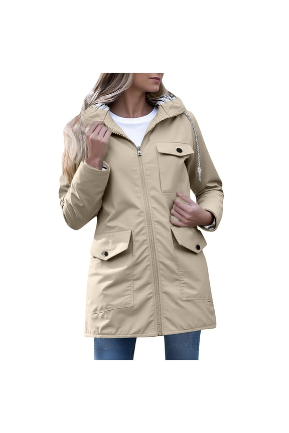 Womens Water-Resistant Nylon Jacket, Mid-Length with Adjustable Hood, Khaki, Inclusive Sizes S-XXXL,Size 2XL