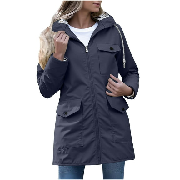 Guzom Womens Water-Resistant Nylon Jacket, Mid-Length with Adjustable Hood, Navy, Inclusive Sizes S-XXXL,Size 2XL