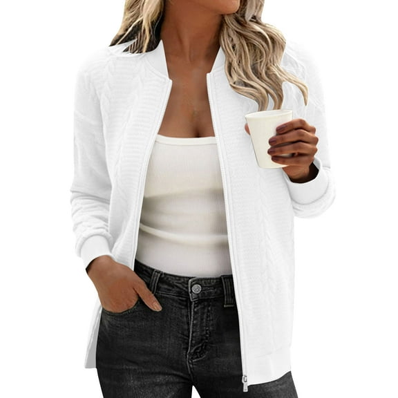 Guzom Womens White Classic Zip-Up Bomber Jacket - Nylon Spandex Blend, Full-Zip, Ribbed Cuffs & Hem, Inclusive S-XXL for Casual/Office/Light Outdoor Wear,Size XL