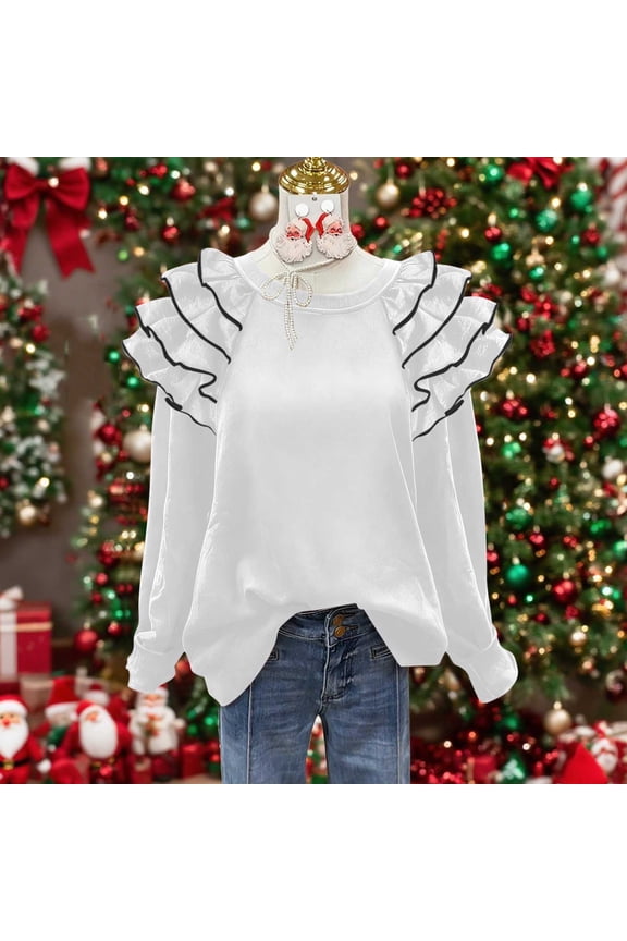 Womens White Long Sleeve Ruffled Shoulder Top - 100% Polyester Soft, Round Neck Loose Fit, White Piping, S-XXL, Casual Year-Round Wear,Size S