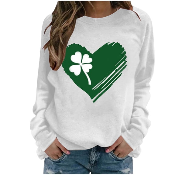 Guzom Womens White St. Patrick's Day Festive Sweatshirt - Four-Leaf Clover Heart Graphic Soft 100% Polyester Crew Neck Loose Fit Irish Top S-XXL,Size 2XL