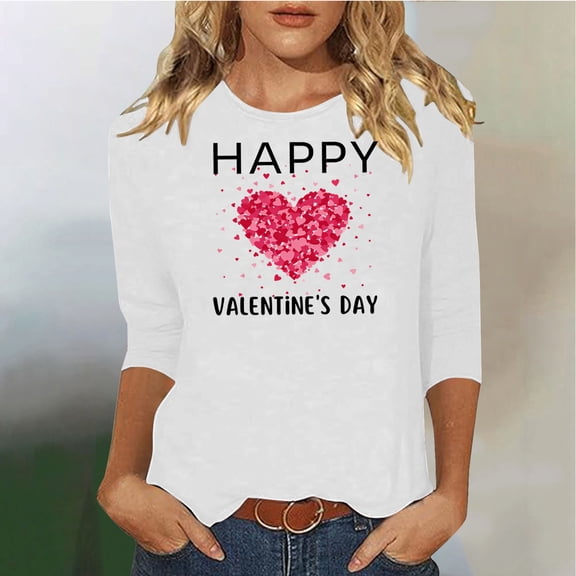 Guzom Womens White Valentine's Day Stretchy Top, Crew Neck Three-Quarter Sleeves Casual Tee with Heart Print,Size 3XL
