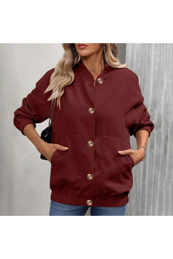 Womens Wine Cotton Spandex Oversized Jacket - Button Front with Pockets, Stand Collar & Relaxed Fit for Spring Fall Casual Wear,Size L
