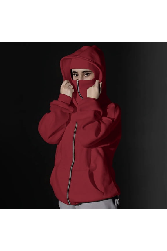 Womens Wine Full Zip Hoodie with Built-in Face Mask - 100% Polyester, Relaxed Fit with Spacious Hood, Warm for Casual & Outdoor Streetwear,Size 2XL