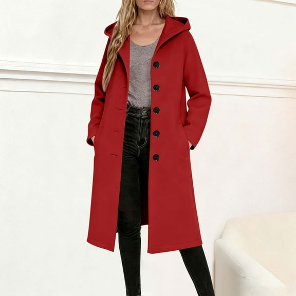 Guzom Womens Wine Long Coat - 50% Wool 50% Polyester Blend, Hooded Single-Breasted with Patch Pockets, Warm Fall Winter Outerwear (S-XXL),Size 2XL