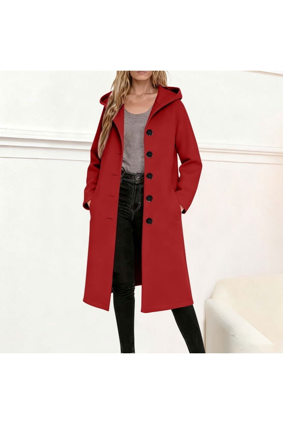 Womens Wine Long Coat - 50% Wool 50% Polyester Blend, Hooded Single-Breasted with Patch Pockets, Warm Fall Winter Outerwear (S-XXL),Size 2XL