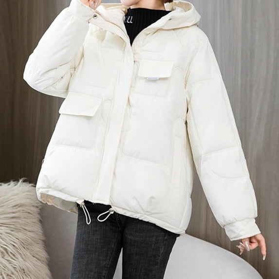 Guzom Womens Winter Coats- Casual Long Sleeve Short Hooded Fleece Winter Jackets White