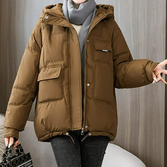 Guzom Womens Winter Coats- Fleece Hooded Short Casual Long Sleeve Winter Jackets Coffee