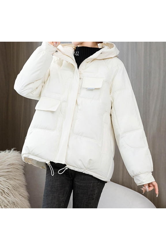 Womens Winter Coats- Hooded Casual Short Fleece Long Sleeve Winter Jackets White