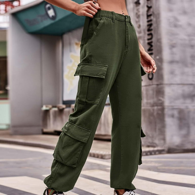 Guzom Work Pants for Women- Summer Casual With Pockets Slim Fit Mid-Waist  Short Sleeve Cargo Pants Army Green Size M