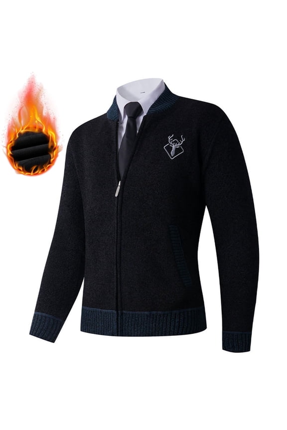 Mens Winter Coats Mens Black Full-Zip Knit Jacket, 100% Polyester with Deer Head Embroidery, Baseball Collar, Fall/Winter Warm, Contrast Trim, Sizes M-XXXL,Size M