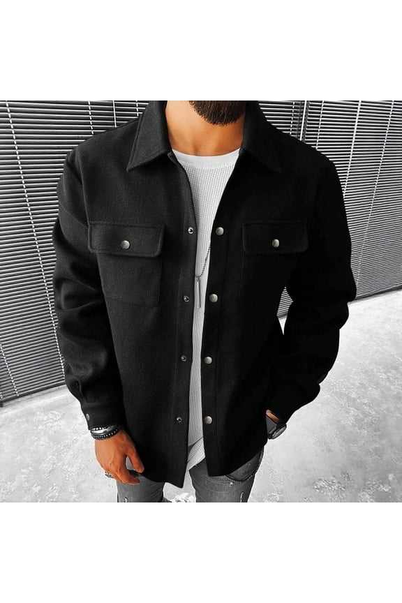 Mens Winter Coats Mens Black Overshirt 50% Wool 50% Polyester - Warm Shirt Jacket with Button-Down Collar & Chest Pockets, Layerable for Casual/Work, S-XXL,Size L