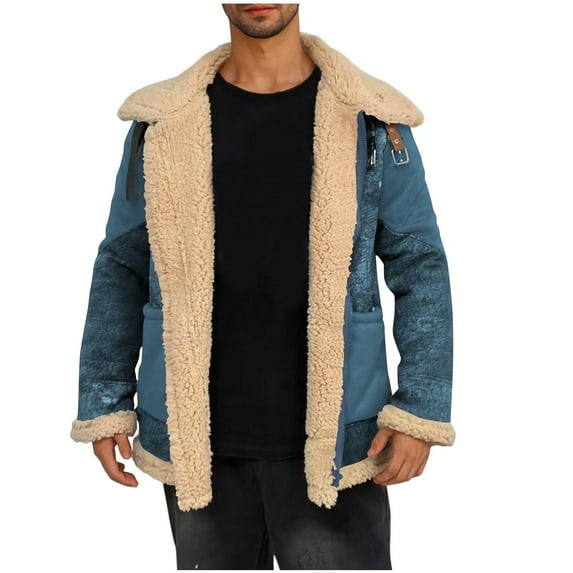 GuzomFashion Mens Winter Coats Mens Blue Warm Shearling-Lined PU Faux Leather Jacket - Patchwork Design, Regular Fit with Functional Pockets for Cold Weather & Casual Outings,Size S