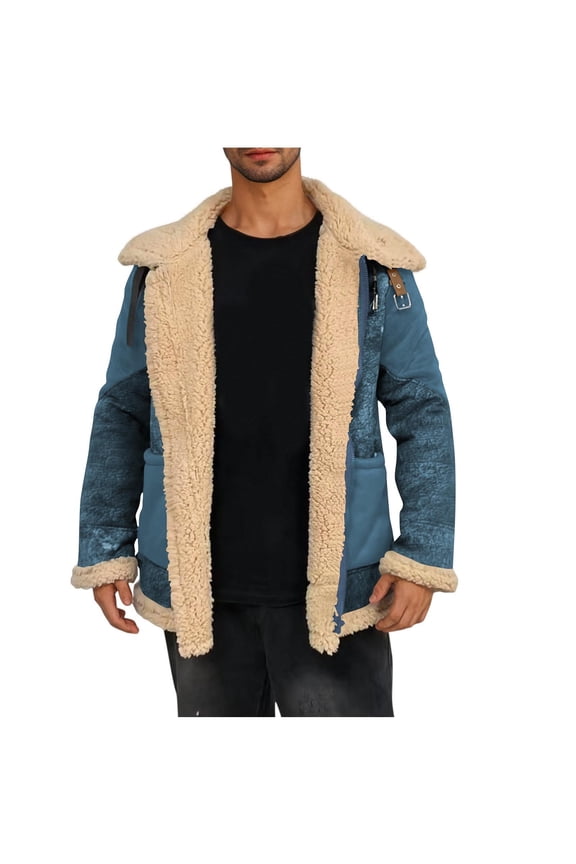 Mens Winter Coats Mens Blue Warm Shearling-Lined PU Faux Leather Jacket - Patchwork Design, Regular Fit with Functional Pockets for Cold Weather & Casual Outings,Size 5XL