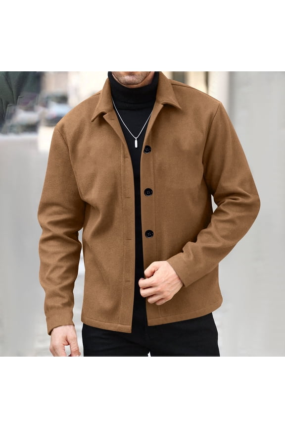 Mens Winter Coats Mens Coffee Shirt Collar Jacket - 50% Wool 50% Polyester Blend, Smart Casual Regular Fit, Spring Autumn Wear & Winter Inner Layer (Button-Front),Size L