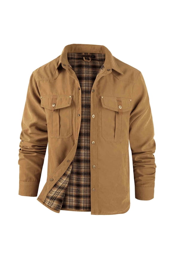 Mens Winter Coats Mens Cotton Shirt Jacket with Plaid Lining - Yellow Workwear Style, S-XXL, Warm for Spring/Fall Daily & Outdoor Wear,Size L