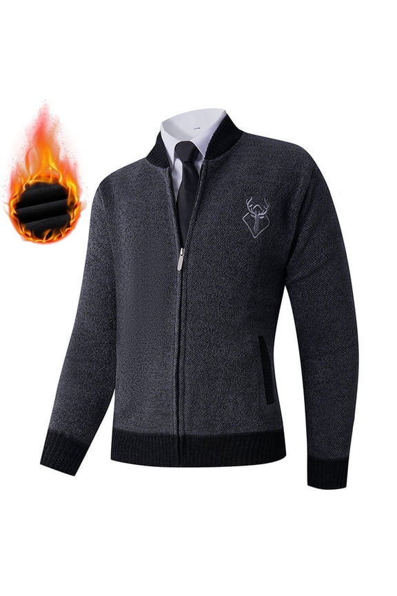 Mens Winter Coats Mens Gray Knit Zip-Up Jacket, 100% Polyester with Baseball Collar & Deer Head Embroidery, Fall/Winter Warm, Contrast Trim, Sizes M-XXXL,Size M