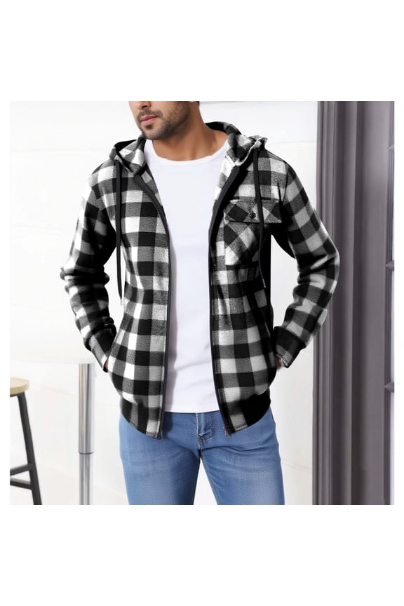 Mens Winter Coats Mens Gray Plaid Hooded Zip-Up Shirt Jacket - Polyester Cotton Blend, Adjustable Drawstring, M-XXXL for Daily Casual & Outdoor Activities,Size L