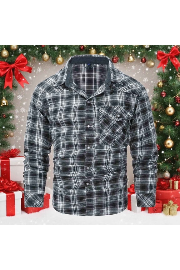 Mens Winter Coats Mens Green Long Sleeve Plaid Shirt - 100% Polyester, Corduroy Collar, Machine Washable, Tailored Fit, Casual/Outdoor Wear, Fall Layering, S-XXL,Size S