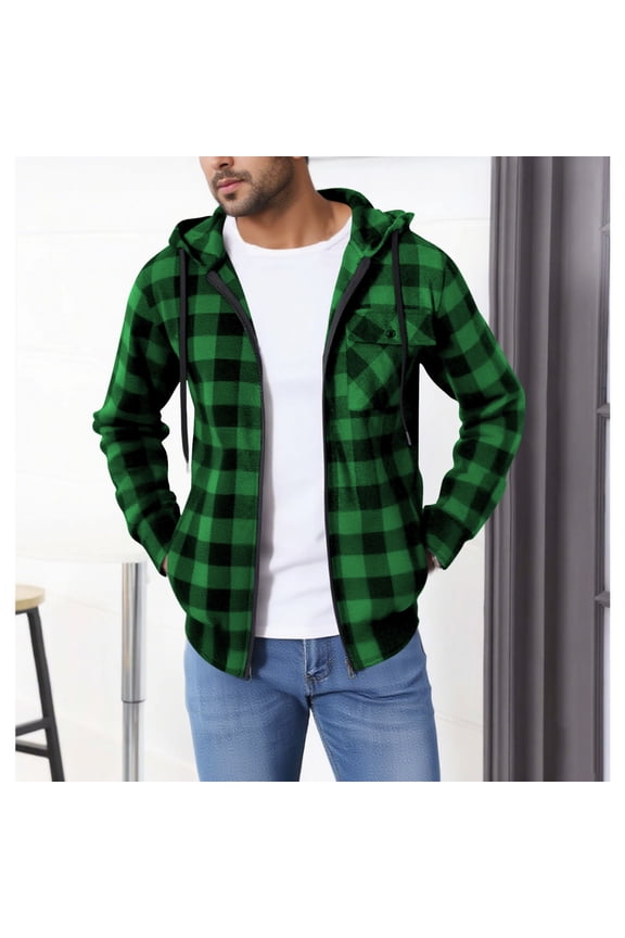 Mens Winter Coats Mens Green Plaid Hooded Zip-Up Shirt Jacket - Polyester Cotton Blend, Adjustable Drawstring, M-XXXL for Daily Casual & Outdoor Wear,Size L