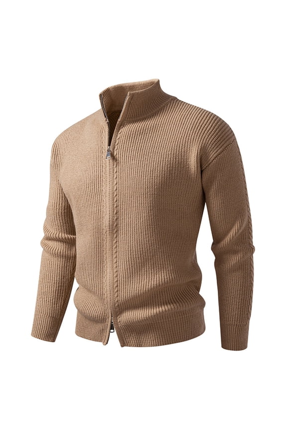 Mens Winter Coats Mens Khaki Full-Zip Knit Cardigan - 100% Polyester, Warm, Machine-Washable, Wrinkle-Resistant, Stand-Up Collar & Ribbed Hem/Cuffs, Sizes M-XXXL,Size L