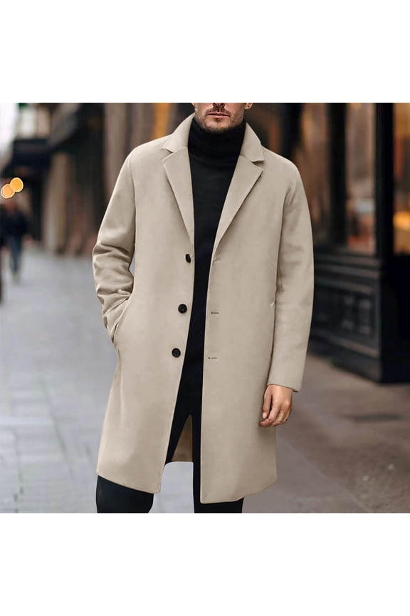 Mens Winter Coats Mens Khaki Wool-Blend Mid-Length Overcoat - Warm for Fall/Winter, Single-Breasted Notched Lapel with Side Patch Pockets (XS-XXL),Size XS