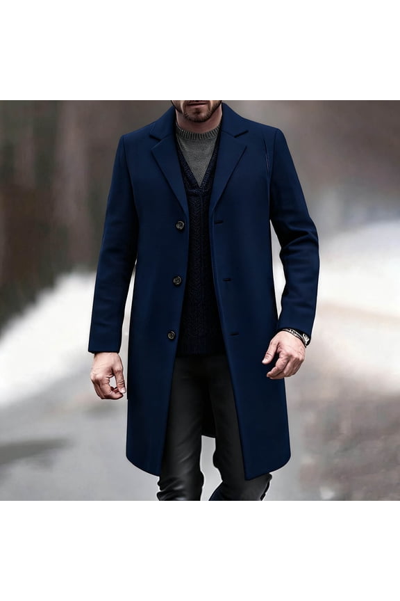 Mens Winter Coats Mens Navy Long Trench Coat - 50% Wool 50% Polyester, Fall/Winter Warm Tailored Fit, XS-XXXL for Commute & Business Casual,Size L