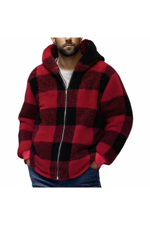Mens Winter Coats Mens Red Plaid Warm Hooded Jacket, 100% Polyester Sherpa-Like Full-Zip Coat, Size S-XXXL for Casual Daily Outings,Size S