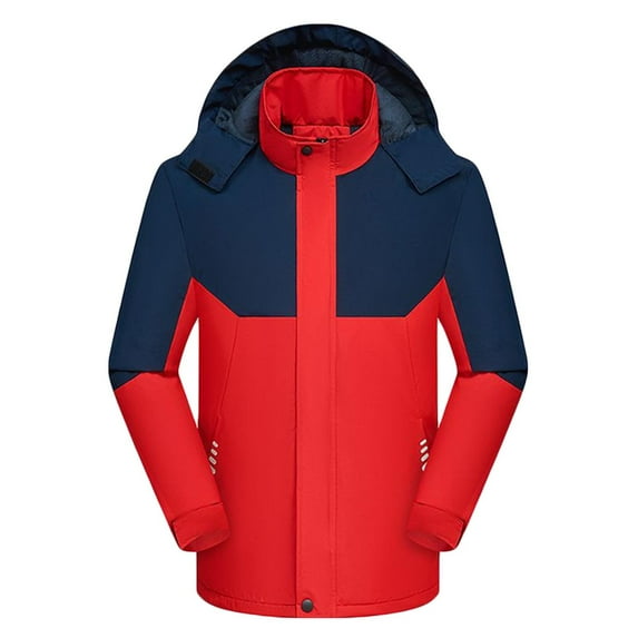 GuzomFashion Mens Winter Coats Mens Red Winter Jacket - Warm Nylon Wind-Resistant with Detachable Hood & Zippered Pockets, Mid-Length for Cold Weather/Daily Outings/Outdoor Adventures,Size 2XL