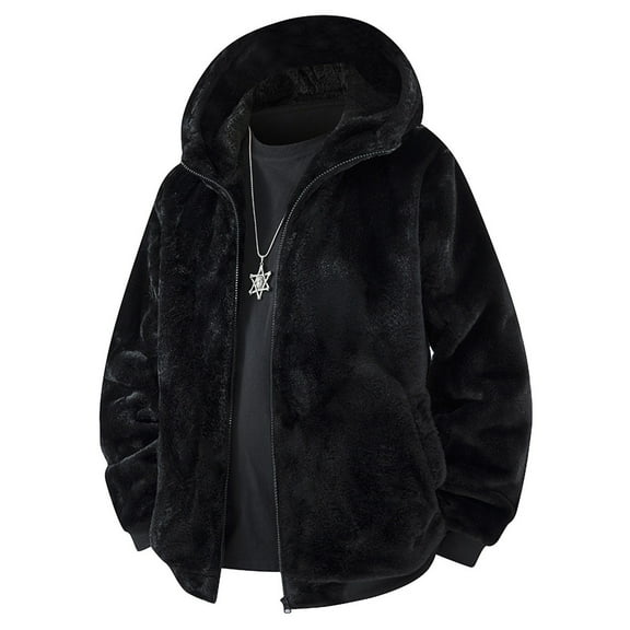 GuzomFashion Mens Winter Coats Mens Warm PU Fuzzy Plush Hooded Jacket - Full-Zip, Relaxed Fit, Black, Sizes L-XXXXL for Fall Winter Cold Weather & Casual Outings,Size 2XL