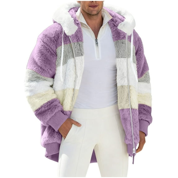 GuzomFashion Mens Winter Coats Mens Warm Plush Hooded Jacket - 100% Polyester, Color Block Full-Zip, Purple, Ribbed Cuffs - Casual Fall & Winter Outerwear,Size M