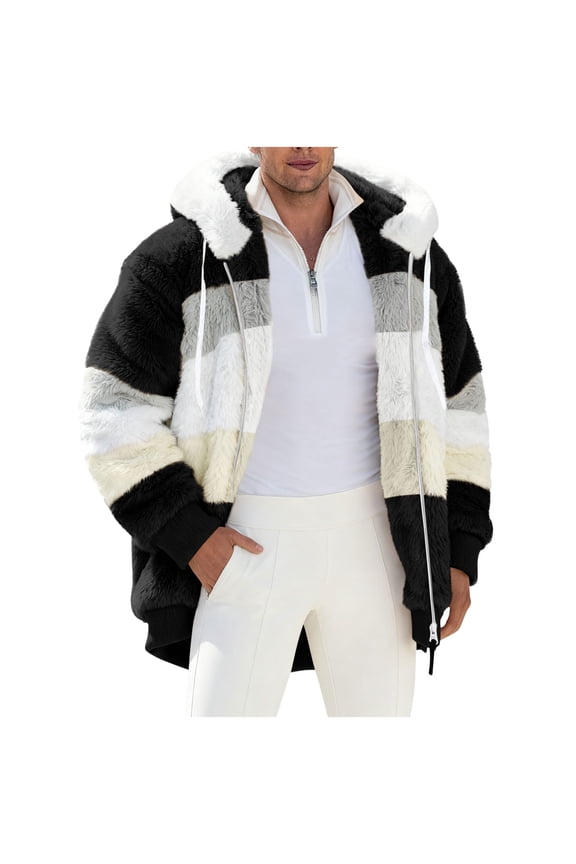 Mens Winter Coats Mens Warm Plush Hooded Jacket - 100% Polyester, Full-Zip Color Block, Black, Ribbed Cuffs - Casual Winter/Fall Outerwear for Men,Size L