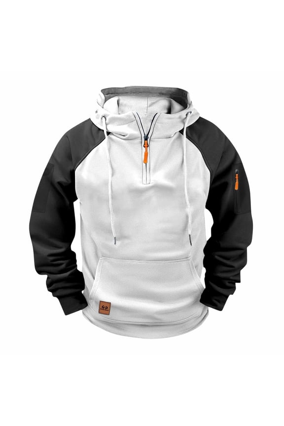 Mens Winter Coats Mens White Half Zip Hoodie - 100% Polyester with Contrast Raglan Sleeves, Kangaroo Pocket & Adjustable Drawstring Hood, S-XXXL for Outdoor & Casual Wear,Size S