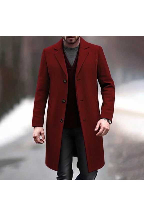 Mens Winter Coats Mens Wine Long Trench-Style Coat - 50% Wool 50% Polyester, Fall/Winter Warm Tailored Fit, XS-XXXL for Daily Commute & Semi-Formal Occasions,Size XS