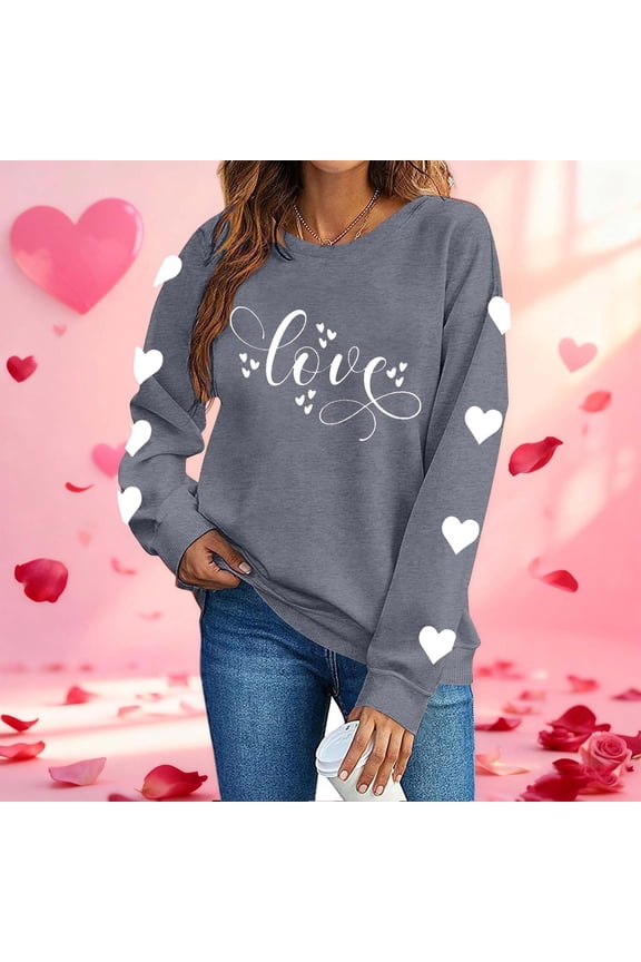 Valentine's Day Womens Gray Crewneck Sweatshirt, Love Lettering & Heart Print, Relaxed Fit Long Sleeve, Sweet Romantic Casual,Size XL