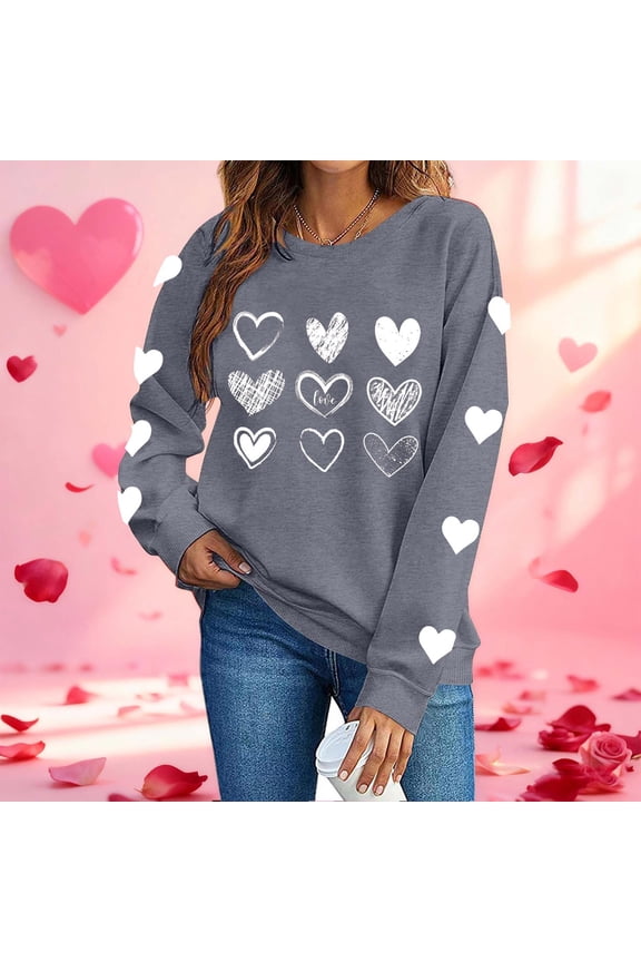 Valentine's Day Womens Gray Heart Print Sweatshirt, Relaxed Fit Crew Neck Long Sleeve, 100% Polyester Cute Romantic Pullover for Daily Loungewear,Size M