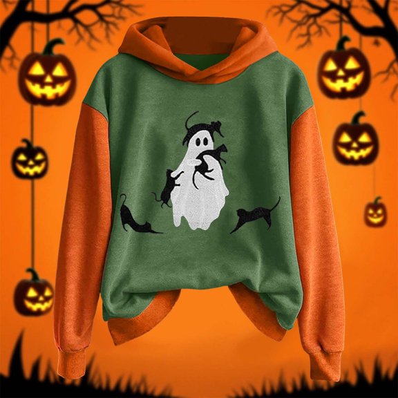 GuzomFashion Womens Army Green Hall-oween Hoodie - Ghost & Black Cat Graphic, Inclusive Sizes S-XXXXXL,Size L